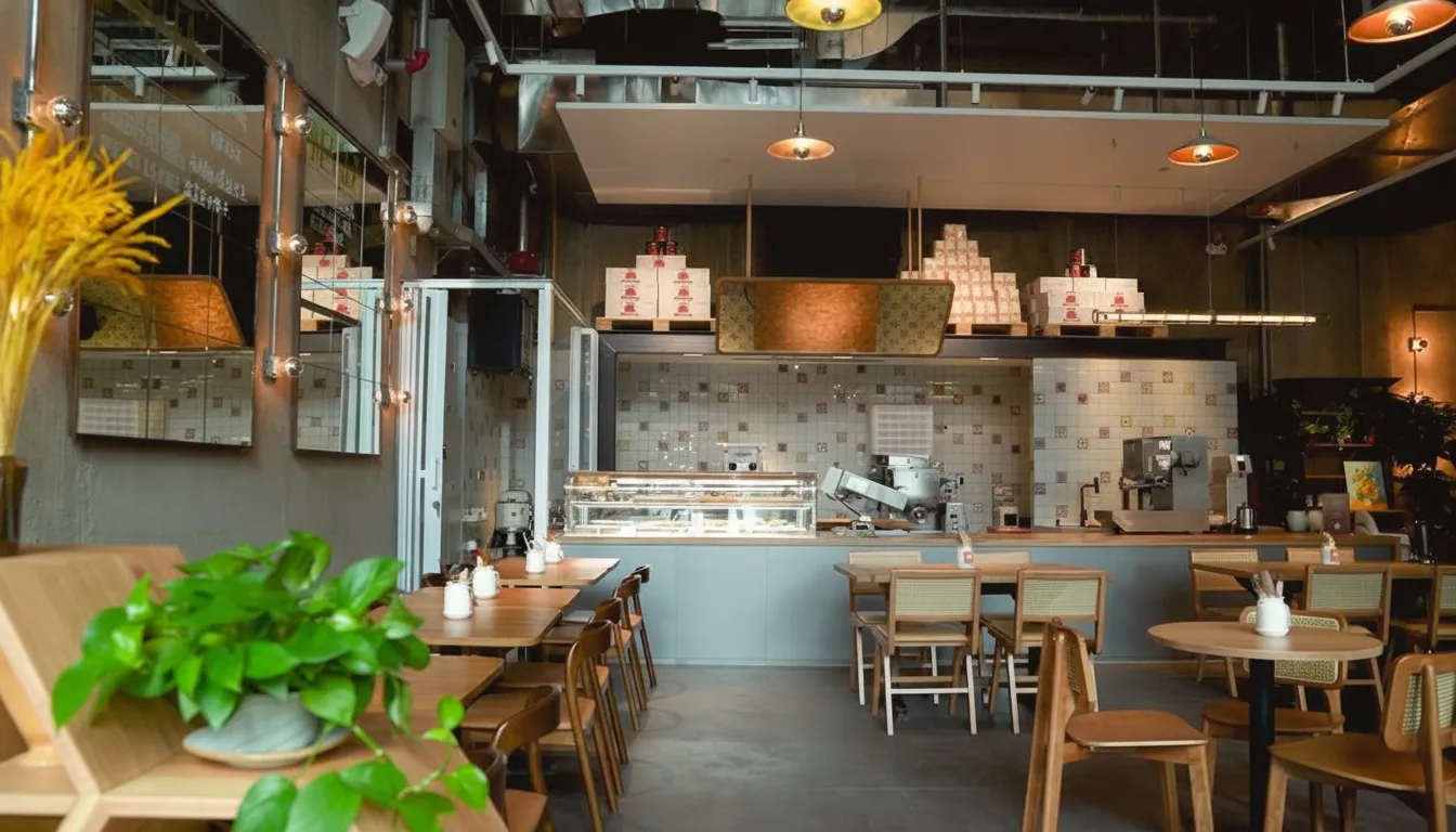 JE&JO 的用餐区，暖色灯光下的座位